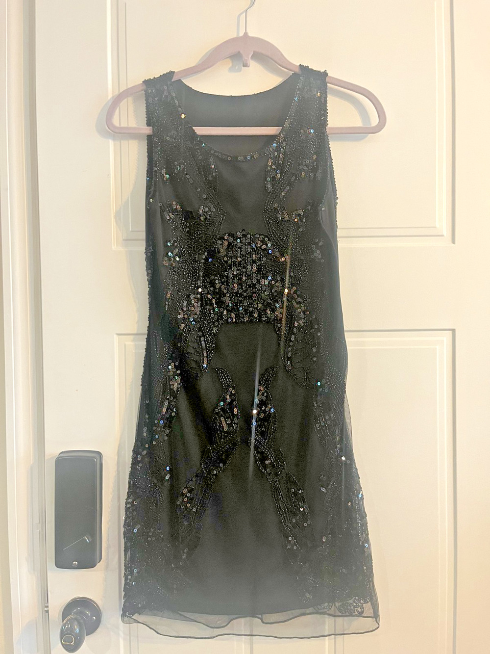 Black Beaded Sequin Flapper Dress Sheer Mesh 1920s Gatsby Art Deco Sleeveless XS